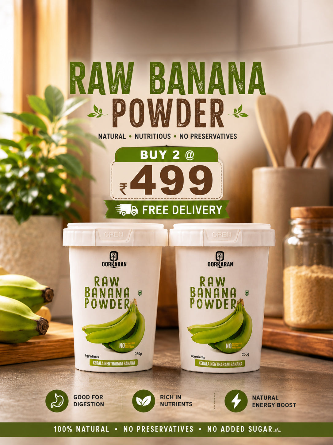 Oorkaran Raw Banana Powder Combo Pack (2 × 250g) | Kerala Nendhram Banana | Free Delivery